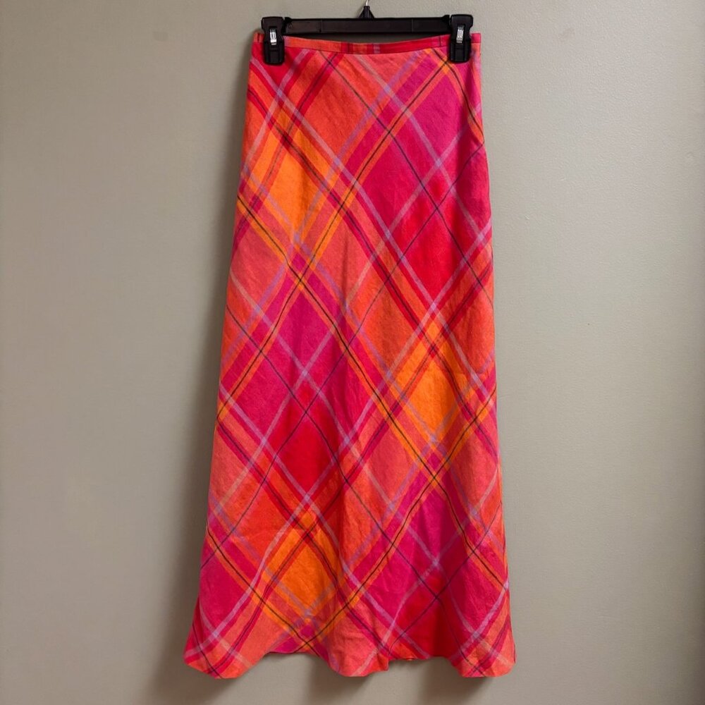Harolds Women Linen Midi Skirt Size 2 Plaid Argyle Flare Vintage Preppy Academia